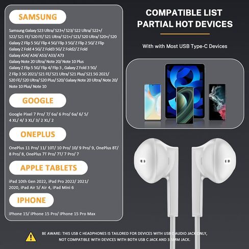 سماعات USB C لـ iPhone 16/15 ، سماعات الأذن السلكية USB C لـ Samsung S24 S25 Ultra A16 5G USBC السلكية ، سماعة رأس USB Type C مع براعم أذن MIC Corned For iPhone 15 Pro 16 Pro Max in Kuwait