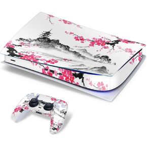 ZOOMHITSKINS Compatible with PS5 Skin Laydown Design, Temple Japan Anime Sakura White Pink Vintage, Bubble-free, Compatible with PS5 W/Disk, Precisely Cut