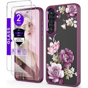 بالنسبة إلى Samsung Galaxy S25 Plus Case+ حامي الشاشة الزجاجية المقسّرات ، فإن PRATERSTION GRADE SLITY SLIT TPU PC ، فتيات غطاء نمط زهرة واضح للنساء لـ Galaxy S25+ 5G-Purple in Kuwait