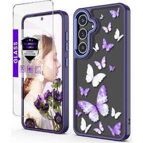 for Samsung Galaxy S25 Plus Case+Tempered Glass Screen Protector,Military Grade Protective Slim Soft TPU Hard PC,Girls Women Crystal Clear Flower Pattern Case Cover for Galaxy S25+ 5G-Purple