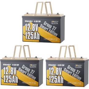 Power Queen 12V 125Ah Group 27 Bluetooth LiFePO4 Battery,1600Wh Energy Lithium Battery with Low-Temp Protection Max. 15000 Cycles for RV, Solar System, Trolling Motor