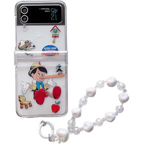 Soft TPU Clear Case with Beads Chain for Samsung Galaxy Z Flip 3 Flip3 5G 2021 Chelshire Cat Alice's Adventure in Wonderland Pink Color Animal Anime Cartoon Fairy Tales Kids Girls Cute Lovely Adorable