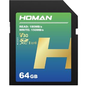 HOMAN 64GB Extreme SDXC UHS-I Memory Card - U3, V30, 4K UHD Video, SD Card Suitable for Camera Photography, Storing Photos, Videos, and Other Files