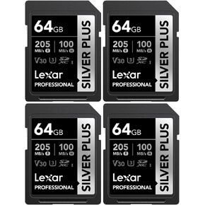 Lexar LSDSIPL064G-BNNNU Professional Silver Plus SDXC UHS-I Card V30 160MB/s Read Speed 64GB 4 Pack