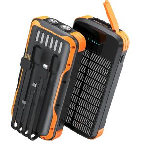 Solar Charger Power Bank, PD 20W Fast Charging External Batter, 40000mAh Portable Phone Charger Built in 4 Cables with Dual Bright Flashlights for Camping, Hiking, and Outdoor Use