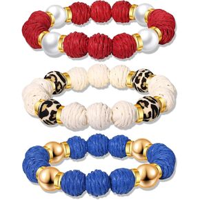 Rattan Bracelets for Women Handmade Woven Rattan Ball Beaded Stretch Bracelets Stackable Boho Bangle Bracelets Summer Beach Jewelry