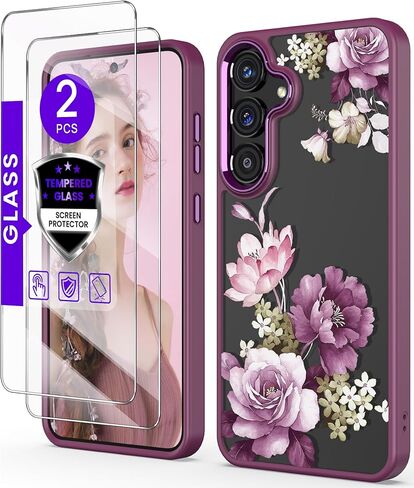 بالنسبة إلى Samsung Galaxy S25 Plus Case+ حامي الشاشة الزجاجية المقسّرات ، فإن PRATERSTION GRADE SLITY SLIT TPU PC ، فتيات غطاء نمط زهرة واضح للنساء لـ Galaxy S25+ 5G-Purple in Kuwait