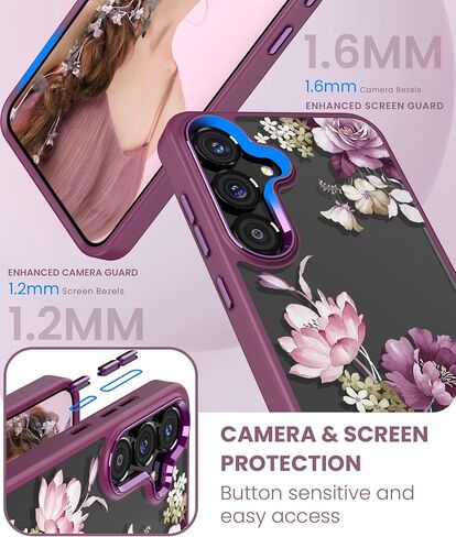بالنسبة إلى Samsung Galaxy S25 Plus Case+ حامي الشاشة الزجاجية المقسّرات ، فإن PRATERSTION GRADE SLITY SLIT TPU PC ، فتيات غطاء نمط زهرة واضح للنساء لـ Galaxy S25+ 5G-Purple in Kuwait