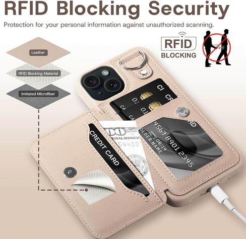 متوافق مع محفظة iPhone 15 Case مع حامل البطاقة ، فتحات بطاقة الائتمان RFID ، جلود Kickstand Leath in Saudi Arabia