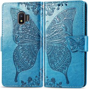 XYX Wallet Case for Galaxy J2 Core,[3D Butterfly Flower] PU Leather Folio Case with Kickstand Magnetic Closure Protective Cover for Samsung Galaxy J2 Core/J2 Dash/J2 Pure/J2 2019 (Blue)