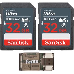 SanDisk 32GB Ultra SDHC UHS-I Memory Card (2-Pack) with All-in-One High Speed USB 2.0 Card Reader Bundle (3 Items)
