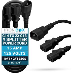 IronBox Electric IEC C14 to 2X C13 Splitter Power Cords - 15A, 250V, 14/3 SJT - UL Listed Power Extension Cable -Heavy Duty Power Connector for Computer, Monitor, PDU, Speaker & More (10ft + 2ft Legs)