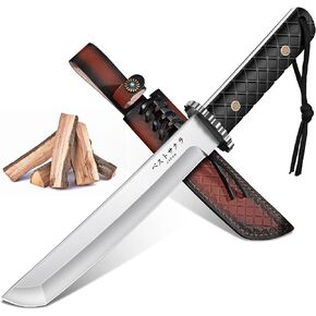 Moontay Blade Blade Tanto Knife 8.4 "مع غمد - 5CR13 سكين صيد بوشكرافت مع مقبض الخشب ، سكاكين بقاء تانغ الكاملة للتخييم ، المشي لمسافات طويلة ، مغامرات ، صيد ، شواء ، هدايا السكاكين للرجال