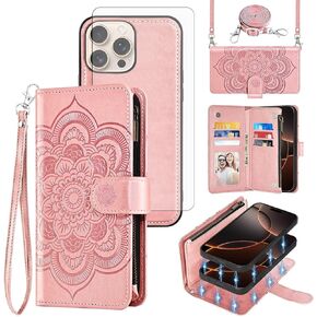 Asuwish Phone Case for iPhone 16 Pro 6.3 inch Zipper Wallet Magnetic Detachable Cell Cover with Tempered Glass Screen Protector Crossbody Strap Flower Card Holder Slot i Phone16 i16 16Pro Women Purple