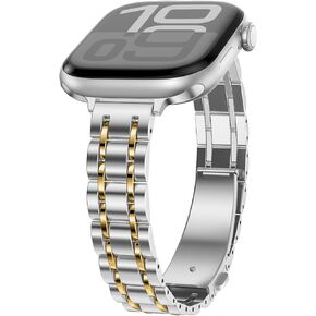 نطاقات معدنية رقيقة Hitzee متوافقة مع Apple Watch Band 49mm 46mm 45mm 44mm 42mm ، حزام فرقة من الفولاذ المقاوم للصدأ النحيف للنساء المتوافق مع Iwatch Ultra 2 Series 10 9 8 7 SE 6 5 4 3 2 1 ، Starlight