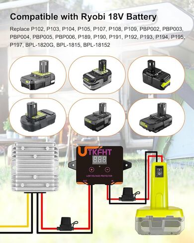 خطوة من 18 فولت إلى 12 فولت لأسفل محول الجهد متوافق مع بطارية Ryobi 18V ، منظم الجهد DC 15A MAX 120W محول بطارية عجلة الطاقة ، انطلق إلى أسفل المحول مع حماية منخفضة الجهد in Kuwait