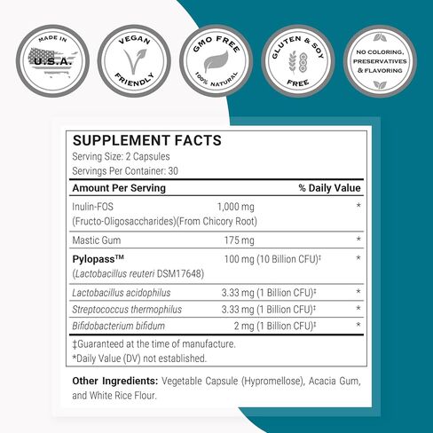Supersmart - H. Pylori Fight Advanced Formula (Mastic Gum, Probiotics & Prebiotic) - Complete Action | Non-GMO & Gluten Free - 60 Vegetarian Capsules in Saudi Arabia