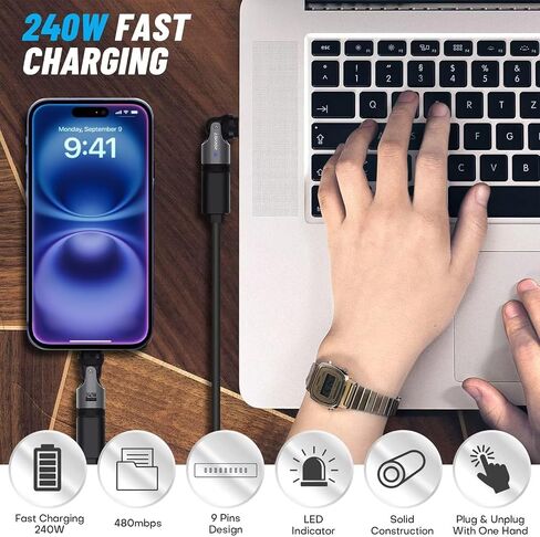 محول USB C المغناطيسي 240W [2 حزمة] ، يمكن أن يكون النوع C سلكًا في 90 درجة كابل شحن USB C ، الزاوية اليمنى USB C 180 و 360 درجة نصيحة للهاتف 1PAD Samsung LG Google in Saudi Arabia