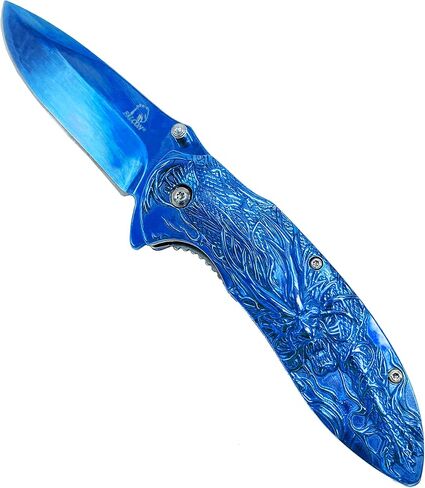 Falcon 8" Engraved Mythical Dragon Fantasy Design Full Metal Handle 440 Stainless Steel Blade with Belt Clip Great For Collectors (Blue) in Saudi Arabia