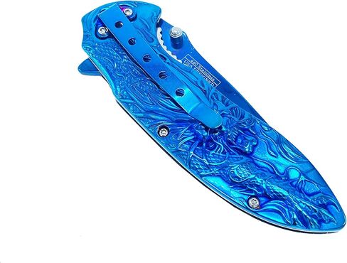Falcon 8" Engraved Mythical Dragon Fantasy Design Full Metal Handle 440 Stainless Steel Blade with Belt Clip Great For Collectors (Blue) in Saudi Arabia