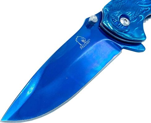 Falcon 8" Engraved Mythical Dragon Fantasy Design Full Metal Handle 440 Stainless Steel Blade with Belt Clip Great For Collectors (Blue) in Saudi Arabia