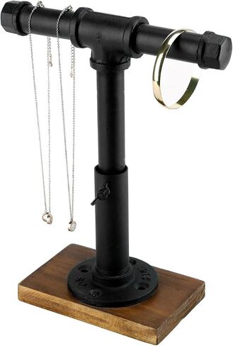 MyGift Modern Brass-Tone Metal Jewelry Display Stand with Industrial Pipe Adjustable Height T-Bar Necklace Bracelet Hanging Organizer Rack with Rustic Burnt Wood Base in Saudi Arabia