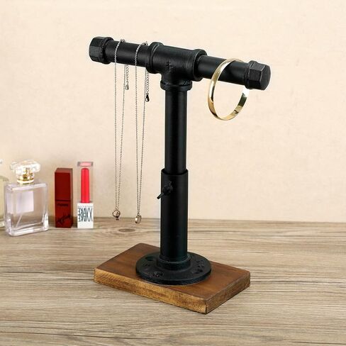 MyGift Modern Brass-Tone Metal Jewelry Display Stand with Industrial Pipe Adjustable Height T-Bar Necklace Bracelet Hanging Organizer Rack with Rustic Burnt Wood Base in Saudi Arabia