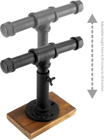 MyGift Modern Brass-Tone Metal Jewelry Display Stand with Industrial Pipe Adjustable Height T-Bar Necklace Bracelet Hanging Organizer Rack with Rustic Burnt Wood Base in Saudi Arabia