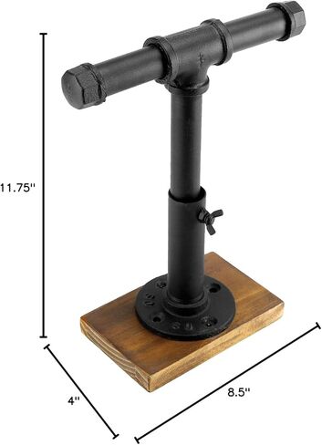 MyGift Modern Brass-Tone Metal Jewelry Display Stand with Industrial Pipe Adjustable Height T-Bar Necklace Bracelet Hanging Organizer Rack with Rustic Burnt Wood Base in Saudi Arabia