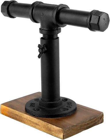 MyGift Modern Brass-Tone Metal Jewelry Display Stand with Industrial Pipe Adjustable Height T-Bar Necklace Bracelet Hanging Organizer Rack with Rustic Burnt Wood Base in Saudi Arabia