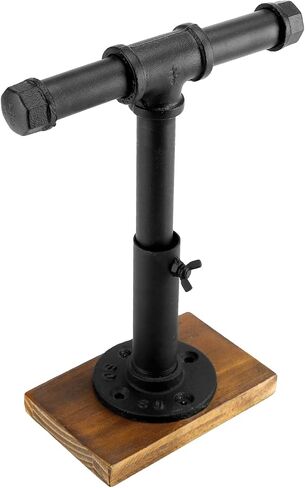 MyGift Modern Brass-Tone Metal Jewelry Display Stand with Industrial Pipe Adjustable Height T-Bar Necklace Bracelet Hanging Organizer Rack with Rustic Burnt Wood Base in Saudi Arabia