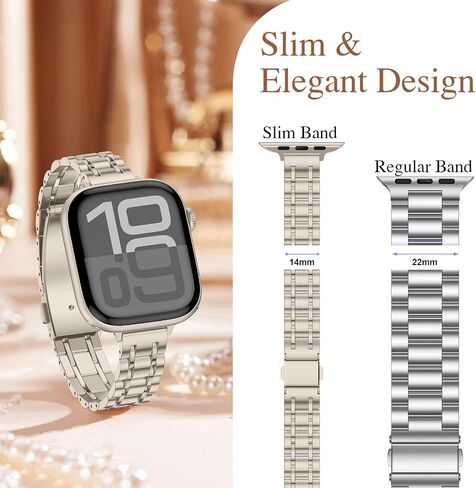 نطاقات معدنية رقيقة Hitzee متوافقة مع Apple Watch Band 49mm 46mm 45mm 44mm 42mm ، حزام فرقة من الفولاذ المقاوم للصدأ النحيف للنساء المتوافق مع Iwatch Ultra 2 Series 10 9 8 7 SE 6 5 4 3 2 1 ، Starlight in Kuwait