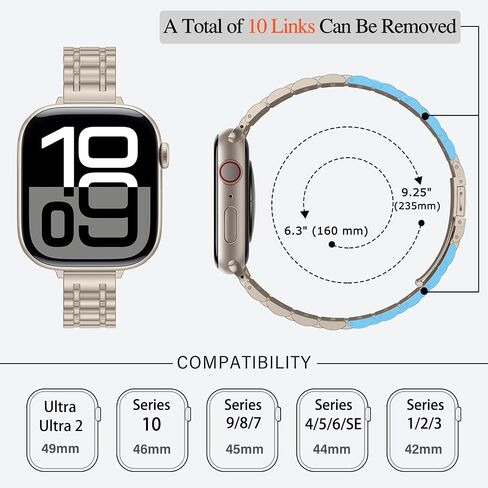 نطاقات معدنية رقيقة Hitzee متوافقة مع Apple Watch Band 49mm 46mm 45mm 44mm 42mm ، حزام فرقة من الفولاذ المقاوم للصدأ النحيف للنساء المتوافق مع Iwatch Ultra 2 Series 10 9 8 7 SE 6 5 4 3 2 1 ، Starlight in Kuwait