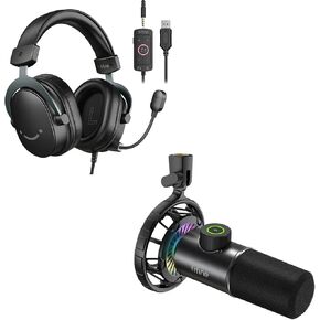 FIFINE Gaming USB Headset and RGB Dynamic Microphone, PC Headset with 7.1 Surround Sound,Control Box, Plug & Play Cardioid Mic with Tap-to-Mute Button, Headphone Jack for PS5/PS4 Streaming(H9+K658)