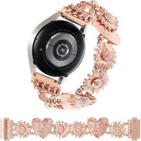 Stretchy Metal Bracelet Bands Compatible with Samsung Galaxy Watch Active 2 Bands 40mm 44mm/Active 40mm/Galaxy Watch 3 41mm/42mm/Gear S2/Galaxy Watch 7 FE 6 5 4 20mm Women Fancy Elastic Sunflower Strap
