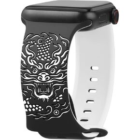 مجموعة Art Collection Smartwatch Band for Apple Watch - Dragon Tiger Snake Wolf Bald Eagle Design ، حزام سيليكون بالأبيض والأسود للنساء - متوافق مع سلسلة Apple Watch 9/8/7/6/SE/Ultra