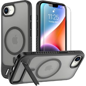 for iPhone 16E case: [fit for Magsafe] Strong Magnetic & Invisible Stand, Military-Grade Drop Protection with Screen Protector, Adjustable Kickstand Slim Frosted Translucent Matte Phone Case, Black