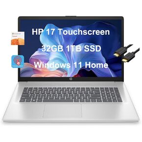 HP 17 Laptop (17.3" HD+ Touchscreen, Intel Pentium N5030, 32GB RAM, 1TB SSD) Home & Business, 1-Year Office 365, Long Battery Life, Webcam, Numpad, IST HDMi, Win 11 Home in S Mode, (Renewed)