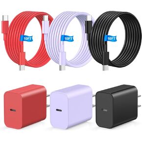 أنا الهاتف 16 15 شاحن الشاحن السريع ، 3 حزمة 100 واط 10FT كابل USB C مع شحنات من النوع C ، USB C كتلة الشاحن لـ I Phone 15/16 Pro/Max/Plus ، Pad Air ، Pad Pro ، Samsumg (Purple Black Red)