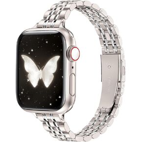 Slim Women iWatch Band Compatible with Starlight Apple Watch Band 41mm 40mm 38mm 42mm(Series 10), Stainless Steel Metal Pretty Dressy, Thin Fashion Charm Bracelet with iWatch Series 10 9 8 7 6 5 4 3 2 1 SE-Starlight&Gold