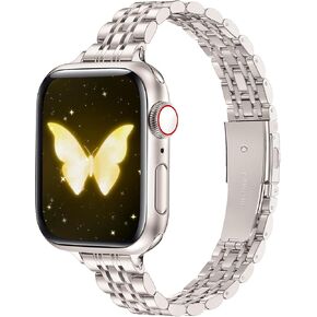 Slim Women iWatch Band Compatible with Starlight Apple Watch Band 41mm 40mm 38mm 42mm(Series 10), Stainless Steel Metal Pretty Dressy, Thin Fashion Charm Bracelet with iWatch Series 10 9 8 7 6 5 4 3 2 1 SE-Starlight&Gold in Saudi Arabia