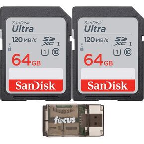 SanDisk 64GB 120MB/S Ultra UHS-I SDXC Memory Card (2-Pack) with Focus All-in-One High Speed Card Reader Bundle (3 Items)