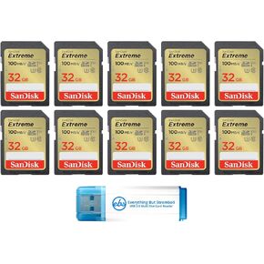 SanDisk 32GB SD Extreme Card (10 Pack) SDHC Memory Cards Compatible Browning Trail Cameras (SDSDXVT-032G-GNCIN) Class 10 UHS-1 4K Bundle with 1 Everything But Stromboli 3.0 Micro & SDHC Card Reader