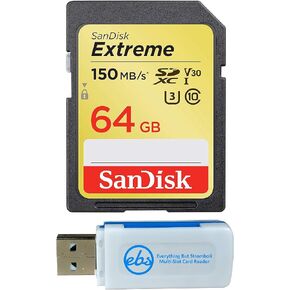 SanDisk Extreme SDXC UHS-I 64GB SD Card U3 Works with Sony Alpha a7C, a6600, a6100, a6400 Mirrorless Camera (SDSDXV6-064G-GNCIN) Bundle with (1) Everything But Stromboli Micro & SD Memory Card Reader