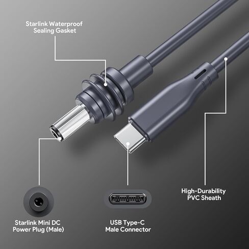 QUIDDITY Starlink Mini Power Cable DC to USB-C Starlink Replacement Cable for Starlink Mini Water-Resistant Compatible with PD Source (16.4FT) in Saudi Arabia