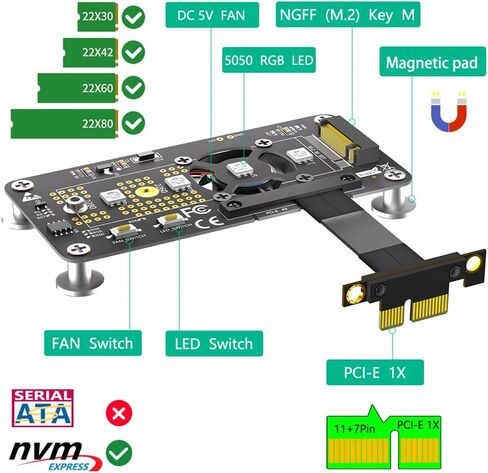 JMT M.2 NGFF M-Key to PCI- E 1X 4X Extension Cable Compatible with M.2 NVME SSD with Cooling Fan Automatic Discoloration LED (1X,10CM) in Kuwait