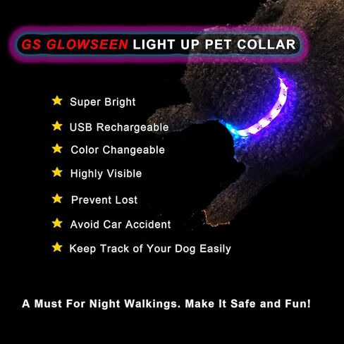 GS GLOWSEEN طوق الكلب المتوهج القابل لإعادة الشحن USB-C، طوق الكلب المضيء مع حلقة على شكل حرف D لربط المقود، والحزام، وتوهج سيليكون ناعم في الظلام حجم طوق الكلب قابل للتعديل للكلاب الصغيرة والمتوسطة الكبيرة (أرجواني) in Kuwait