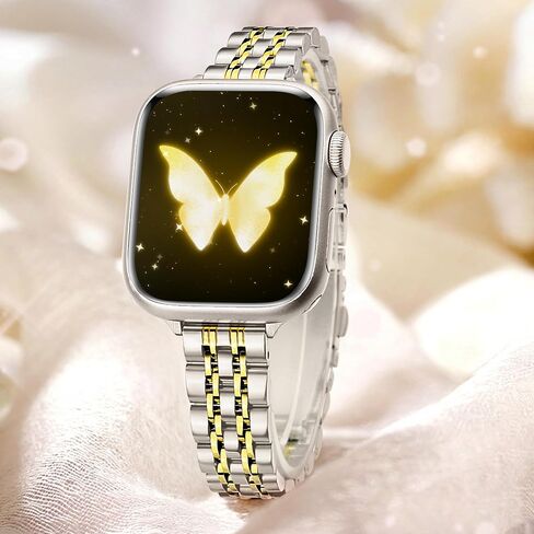 Slim Women iWatch Band Compatible with Starlight Apple Watch Band 41mm 40mm 38mm 42mm(Series 10), Stainless Steel Metal Pretty Dressy, Thin Fashion Charm Bracelet with iWatch Series 10 9 8 7 6 5 4 3 2 1 SE-Starlight&Gold in Saudi Arabia