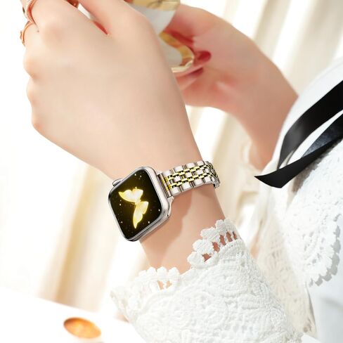 Slim Women iWatch Band Compatible with Starlight Apple Watch Band 41mm 40mm 38mm 42mm(Series 10), Stainless Steel Metal Pretty Dressy, Thin Fashion Charm Bracelet with iWatch Series 10 9 8 7 6 5 4 3 2 1 SE-Starlight&Gold in Saudi Arabia