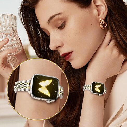 Slim Women iWatch Band Compatible with Starlight Apple Watch Band 41mm 40mm 38mm 42mm(Series 10), Stainless Steel Metal Pretty Dressy, Thin Fashion Charm Bracelet with iWatch Series 10 9 8 7 6 5 4 3 2 1 SE-Starlight&Gold in Saudi Arabia